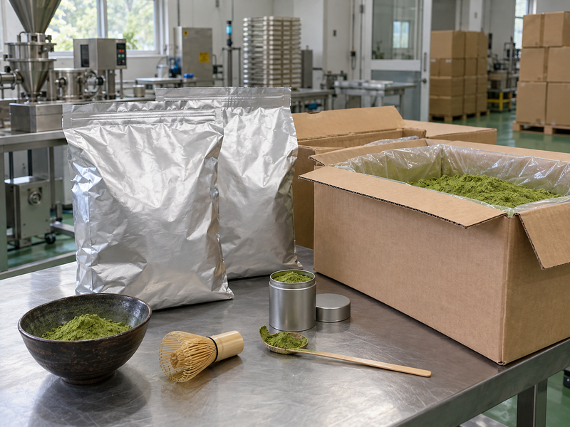 Unbranded bulk matcha foil bags and lined cartons beside a retail tin on a supplier sample table