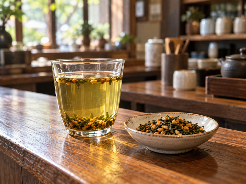 when to drink genmaicha: Cup of genmaicha on a daylight cafe tasting counter