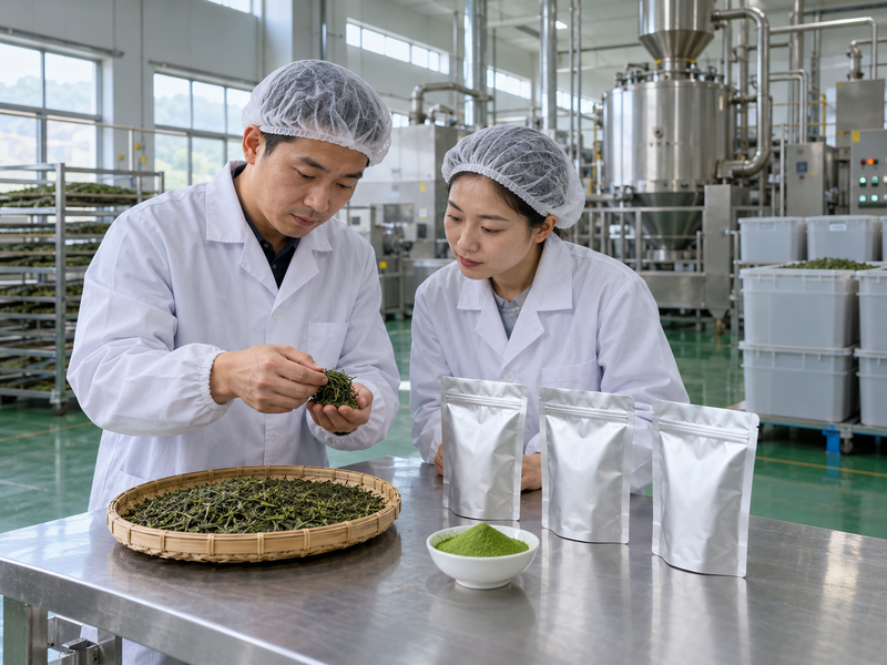 Chinese tea-processing buyer reviewing matcha source lots at a mainland China factory