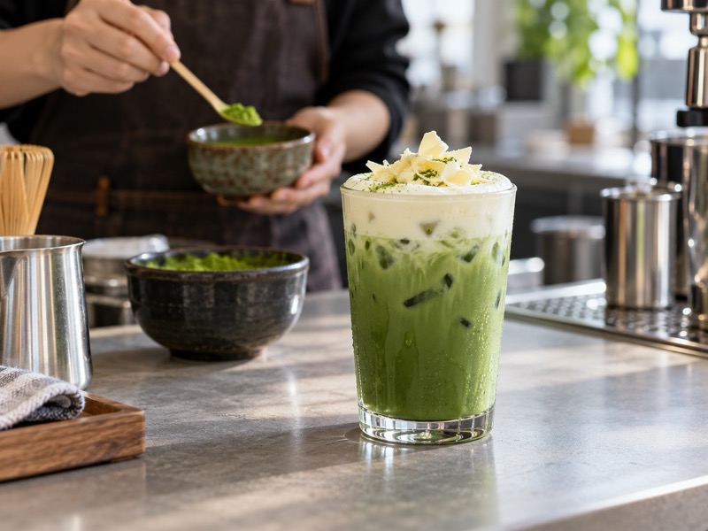 Iced white chocolate matcha latte with a modest cream top at a Chinese cafe