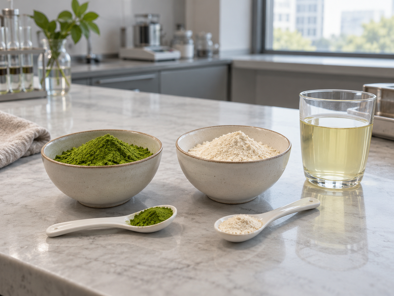 White matcha naming test with green tea and pale powdered ingredient in sample bowls