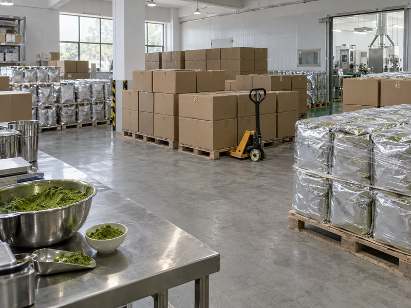 Palletized unbranded matcha cartons in a clean mainland China food-grade distribution warehouse