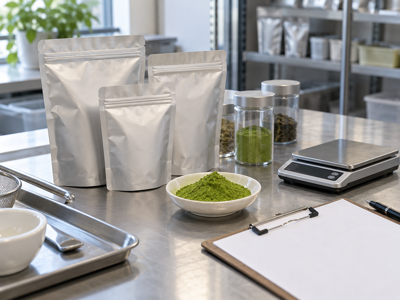 Wholesale matcha Japan sourcing samples inspected on an importer quality-control bench