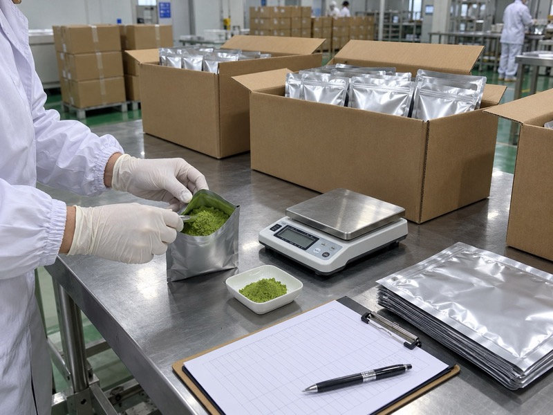 Chinese mainland matcha factory worker checking bulk matcha pouches and export cartons