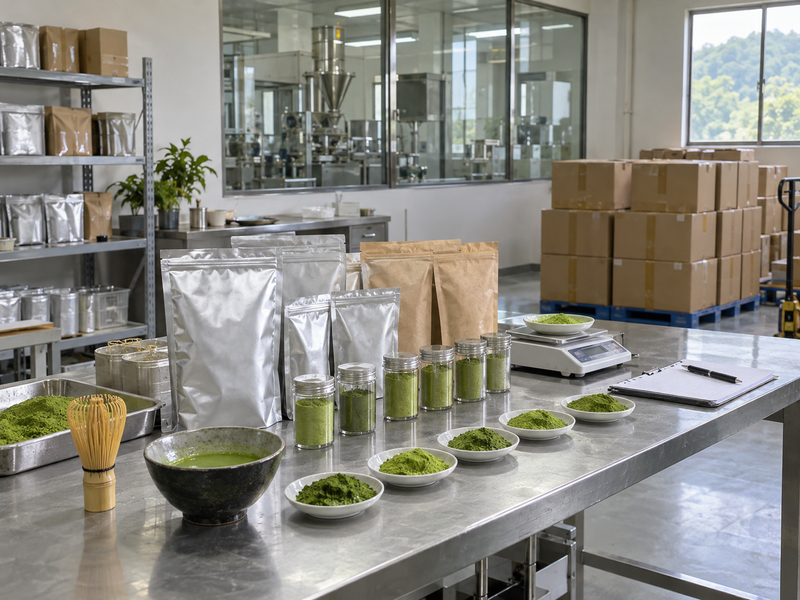 Wholesale matcha supplier sample review area in a mainland China factory with sealed pouches and cartons
