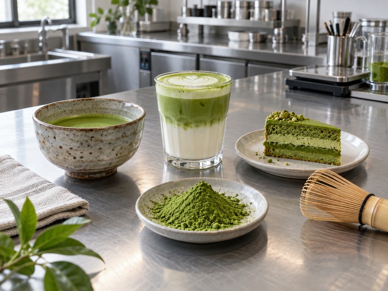 Plain matcha, latte, pastry, and powder samples in a mainland China R&D kitchen
